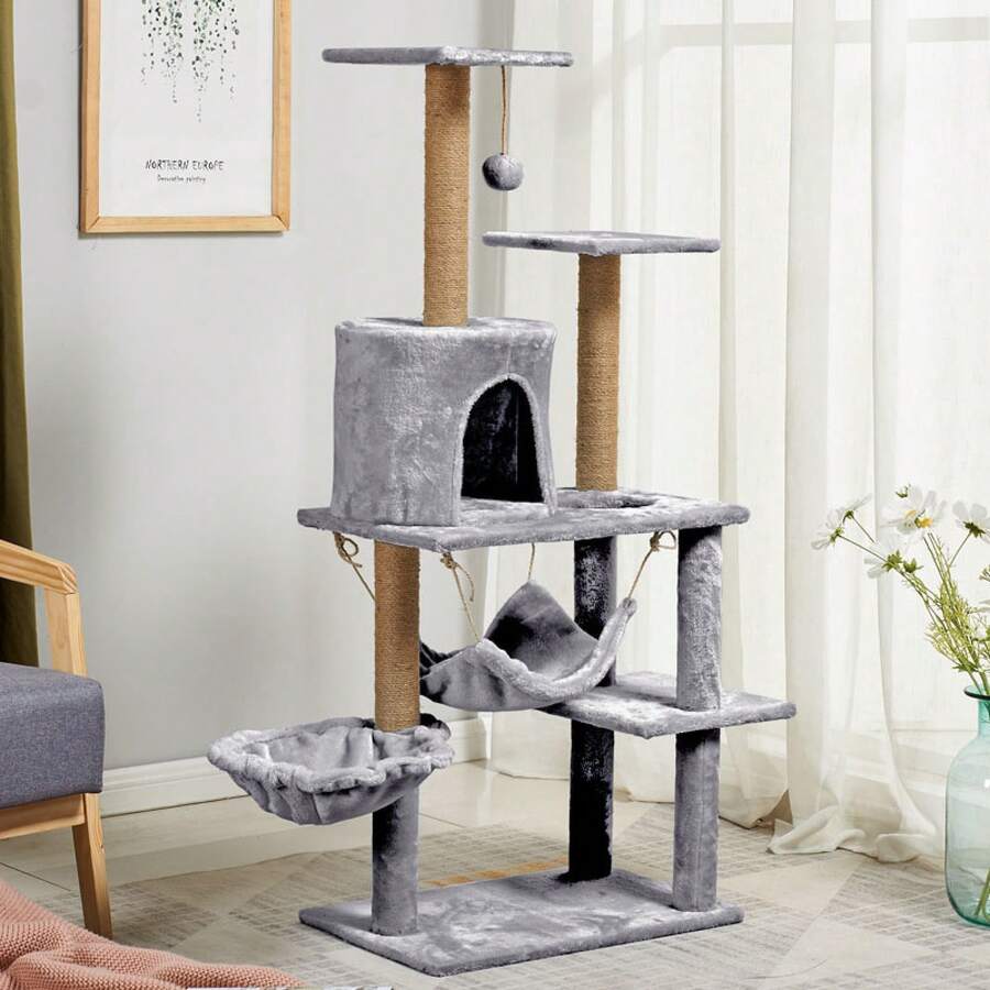 A Cat Scratching Post, A Scratching Post With An Integrated Bed, A Cat Tower, A Comfortable Cat Hammock Suitable For All Seasons, A Cat Play Area, And Cat Toys. - 灰色 - 查看 1