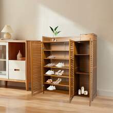 3-Door Shoe Cabinet With Storage Top - Bamboo & MDF Organizer Holds 30 Pairs, 38.6x12.6x45.3 Inch, Brown Modern Entryway Storage For Shoes/Boots (Ventilated Shutter Doors, 44lbs Capacity) - 棕色 - 查看 3