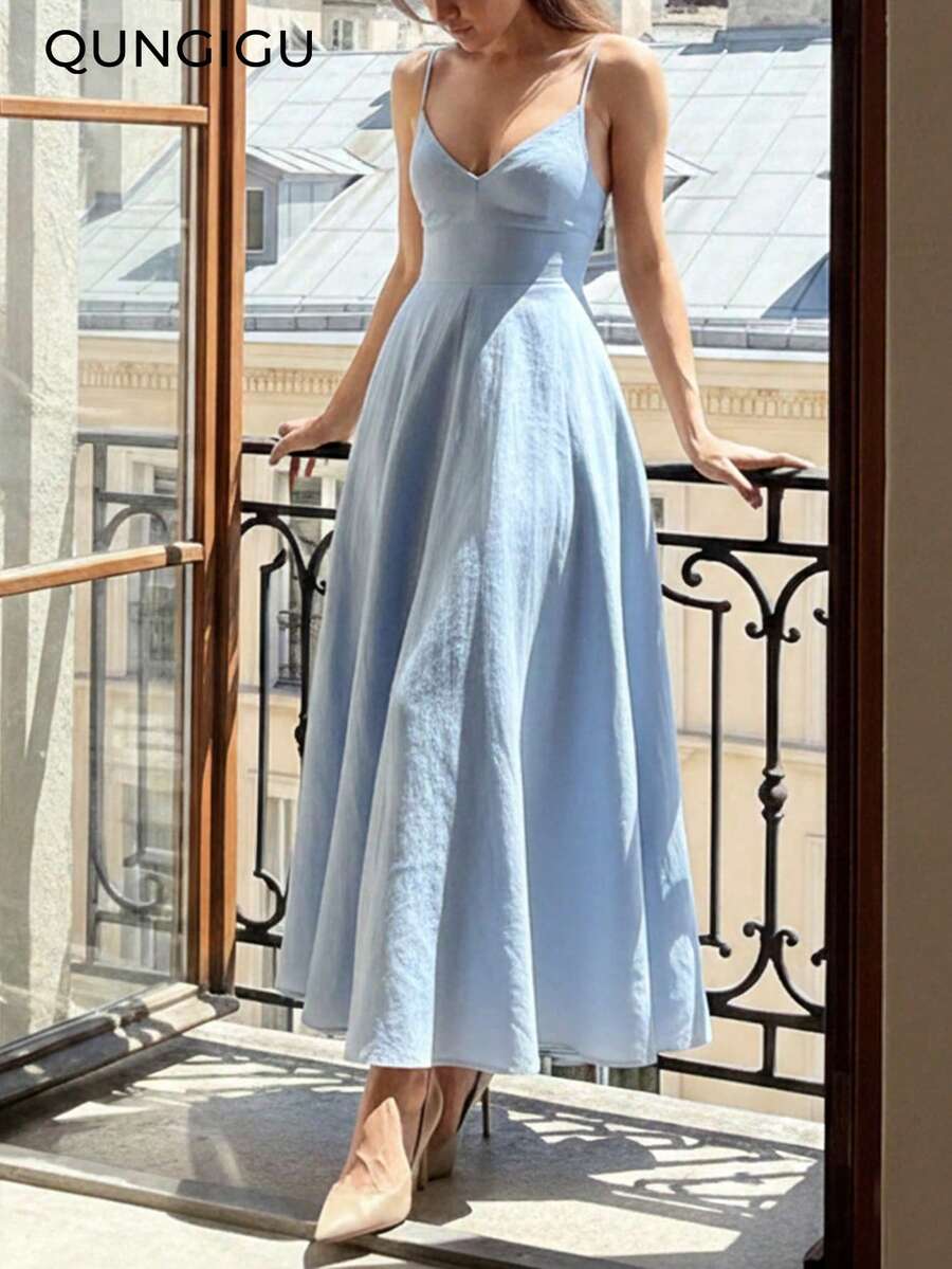 QUNGIGU 女款優雅細肩帶中長洋裝 V領亞麻紋理露背高腰夏季海灘婚禮賓客禮服 - 淺藍色 - 查看 1