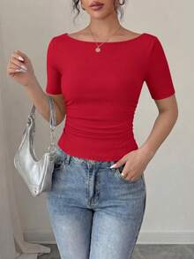 PRETTYGARDEN Womens Summer Short Sleeve Tops Boat Neck Ribbed Knit Slim Fit T Shirt Casual Basic Top Y2K Clothes - 紅色 - 查看 7