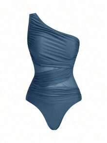 Swim Oasis Traje de baño de una pieza con panel de malla fruncida de unicolor y falda pareo - Azul - Ver 6