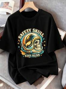 T-shirt da uomo con stampa grafica di teschio astronauta, in morbido cotone, girocollo, vestibilità comoda, stampa grafica unica, nuovo arrivo - nero - Visualizzare 2