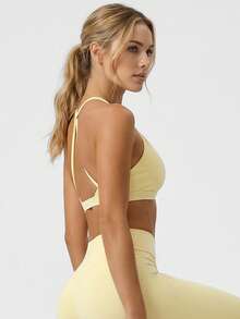Sodalemon Women's Yoga Elastic Fitness Tank Top, Padded Racerback Design, Solid Color Sports Bra For Workout, Running, Exercise - Yellow - View 5