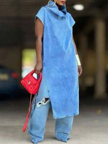 GLOURI Women's Blue Turtleneck Tunic Dress - Sleeveless Drop Shoulder & Side Split Detail | Fit For Street Style, Daily Errands, Weekend Brunch, Casual Gatherings & Urban Outings (Chic, Layered & Effortlessly Cool) For , Modern Looks - 藍色 - 查看 3
