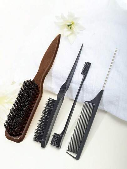 4pcs/Set Boar Bristle Hair Brush Set - Unisex Edging Styling Kit, Suitable For Smooth Back-Combing, Fluffy Styling And Soft Styling - For Curly And Normal Hair, Fragrance-Free Hair Brush - Also A Thoughtful Gift For Ladies, Moms, Girlfriends - Travel Essential, Beach Essential, Bathroom Accessory
