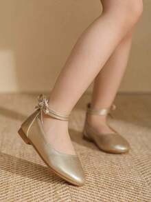 1 Par de Sapatos Planos Minimalistas de Estilo Britânico, Cor Sólida e Elegante, para Meninas, Adequado para Uso Diário, Primavera/Verão - Dourado - Visão 1