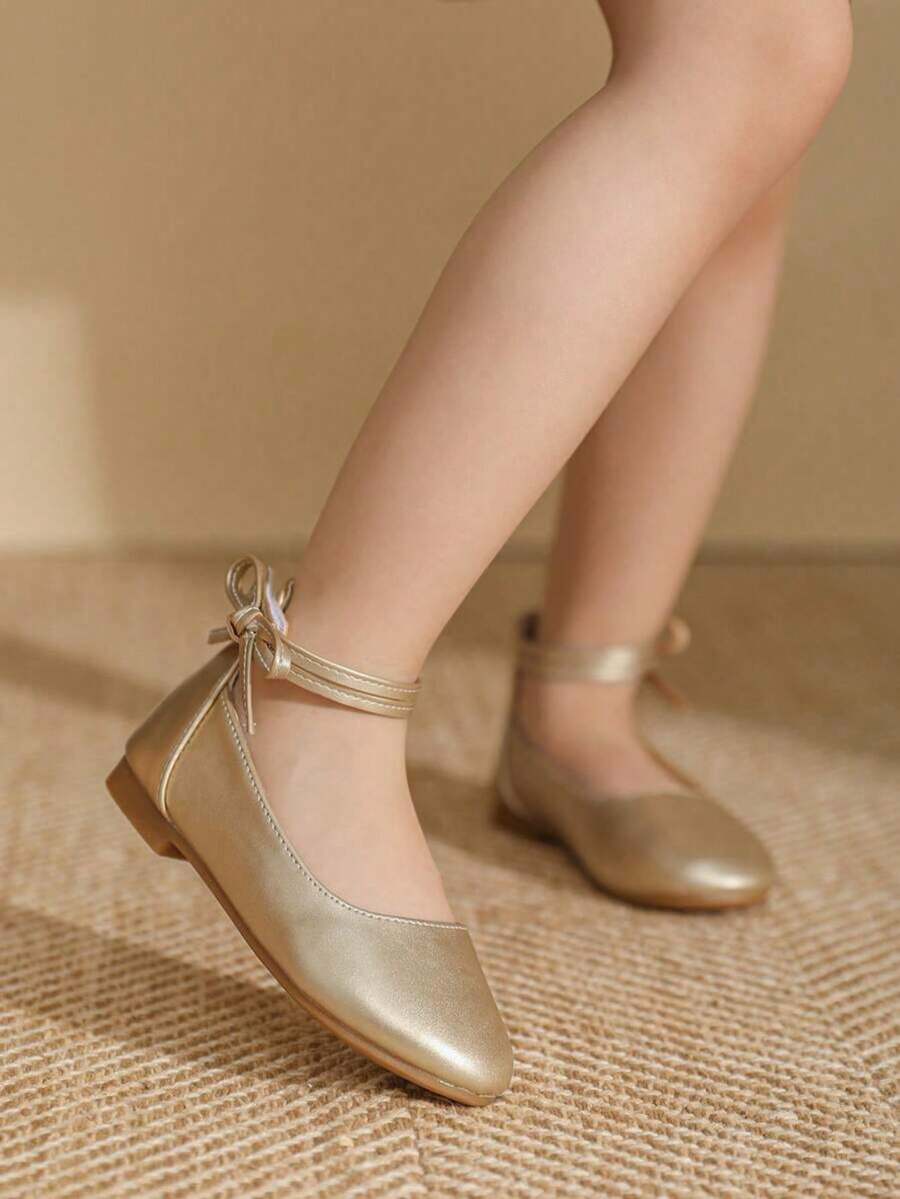 1 Par de Sapatos Planos Minimalistas de Estilo Britânico, Cor Sólida e Elegante, para Meninas, Adequado para Uso Diário, Primavera/Verão - Dourado - Visão 1
