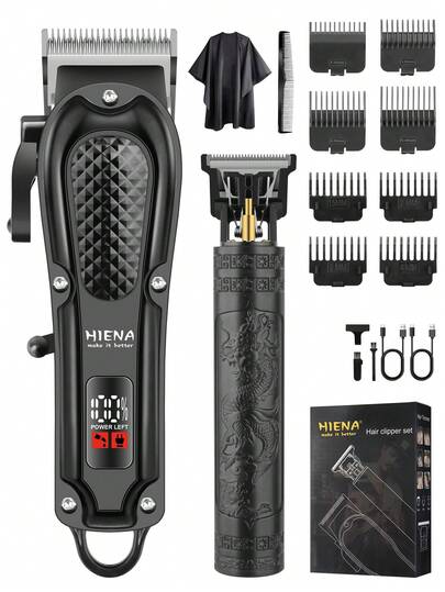  HIENA 两件套专业理发器套装，男士无线理发器，5 种型号和款式，T9 刀头带来顺滑剃须体验，USB 充电接口带 LED 指示灯，1500mAh 锂电池，居家理发的最佳伴侣