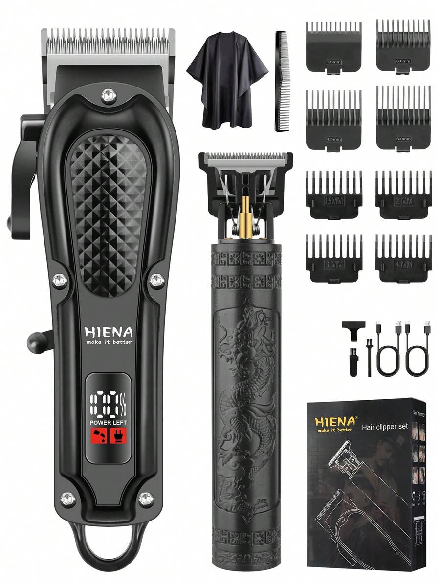 HIENA 两件套专业理发器套装，男士无线理发器，5 种型号和款式，T9 刀头带来顺滑剃须体验，USB 充电接口带 LED 指示灯，1500mAh 锂电池，居家理发的最佳伴侣
