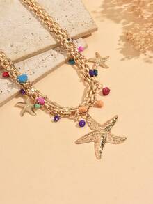 1pc Chunky Jewelry Necklace, Luxury Heavy Metal Necklace With Colorful Stone Starfish Pendant, Unique Design Thick Chain Necklace For Women, Suitable For Daily Wear, Dates, Parties, Music Festivals - Multicolor - View 3