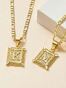 Initial Letter Pendant Necklace For Women Men Square Capital Monogram Necklace Alhpabets From A-Z Figaro Chain Necklace For Women Men - 黃金 - 查看 1
