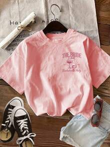 1 Piece Of Women's T-Shirt, [Double-Sided Printing] Summer Casual Women's Top, Retro Style, Star THE BRIDE EST Print, Round Neck, Pure Cotton Short Sleeved T-Shirt, Casual Street Style Pattern Short Sleeved T-Shirt, Cute Summer Zumba T-Shirt, Pink Denim Shirt, Deer Print Flower Denim Shirt, Retro T-Shirt, Short Sleeved T-Shirt Women's Top, Outdoor Wear, Independent Day Wear - hồng - Xem 3