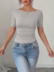 PRETTYGARDEN Womens Summer Short Sleeve Tops Boat Neck Ribbed Knit Slim Fit T Shirt Casual Basic Top Y2K Clothes - 淺灰色 - 查看 4