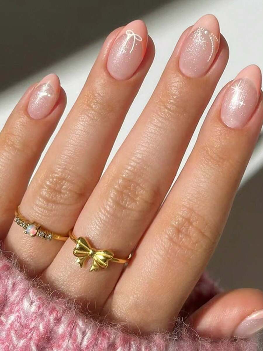 30pcs/Set Short Almond French Gentle Cream Pink Pearl Starburst Bow Simple Press-On Nail Patches, Removable Full Cover False Nail Patches, Suitable For Office Ladies, Parties, Dates, And Daily Wear. Full Cover False Nail Patches + 1 Bottle Of Jelly Glue + 1 Nail File, Decorate Your Nails, Enhance Your Fashion Taste. - Multicolor - View 1