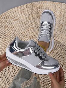 Giày thể thao đế cao màu bạc ánh kim dành cho nữ - Giày casual buộc dây đế dày, phong cách rockstar thời thượng. - Bạc - Xem 2