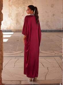 Faeriesty Hochwertiges Abendkleid, Stehkragen Fledermausärmel Design, luxuriöses Bankett-Kleid, geeignet als Hochzeitsgast-Outfit für Partys - Bordeaux - Übersicht 8