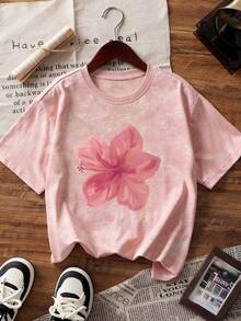 Camiseta de manga corta con cuello redondo, estampado floral rosa, teñido anudado, de moda sencilla y versátil, adecuada para mujer - Rosa - Ver 2