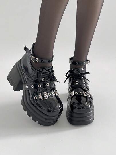 10cm Super High Heel Thick Sole Mary Jane Shoes, 2026 Spring New Black Glossy Patent Leather Punk Style Rivet Buckle One-Strap Lace-Up Splice Sweet & Spicy Subculture Platform Loafers, Fashion Versatile Shoes