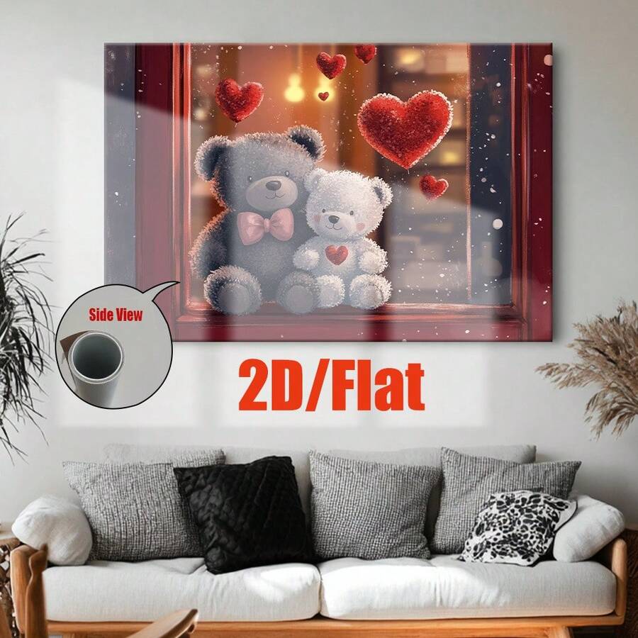 Arte de Pared de Ventana de Oso de Peluche 2D Plano, 1 Pieza con Corazones - Dibujo de Osos de Peluche Adorables Sentados en la Ventana, Lienzo Sin Marco Adecuado para Habitación, Sala de Estar, Día de San Valentín, Cumpleaños, Regalo de Navidad, Instalación de Pegar y Despegar, 2D Plano - Sin marco - Ver 1
