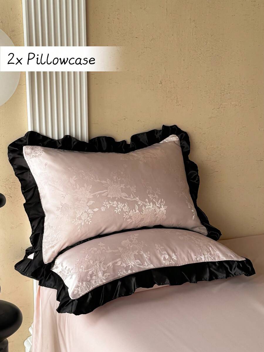 2pcs Floral Pattern Jacquard Washed Faux Silk Pillowcase With Ruffle Edge, Minimalist Elegant Luxury Polyester Decorative Throw Pillow Cover, Suitable For All Seasons, Modern Decor Cushion Cover, Machine Washable, Without Filling - Pink - View 1