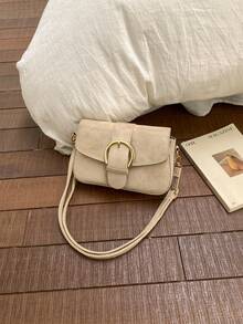 Túi xách nhỏ có nắp gập dành cho nữ, túi vuông trang trí khóa thắt lưng thời trang, túi đeo vai và đeo chéo. - Màu Khaki - Xem 5