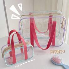 Oversized Transparent Waterproof Cosmetic Bag Double Handles Travel Beach Pool Essentials Organizer And Storage Carry All Tote - 果凍色小號(20*11*8) - 查看 3