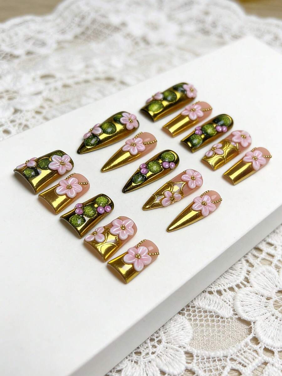 10pcs Luxury 3D Striped Floral Metallic Chain Green Cat Eye Acrylic Nails For Hands, Vacation, Vacation Outfits, Graduation, Press On Nails, Suitable For Girls, Holiday, Wedding, Party - Gold - View 1