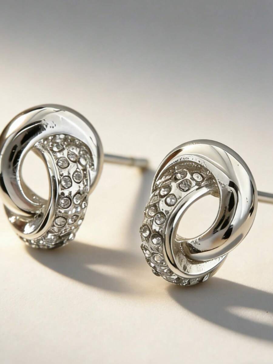 Luxury Silver Rhinestone Hollow Circle Stud Earrings - Minimalist Fashion Jewelry - Earrings - View 1