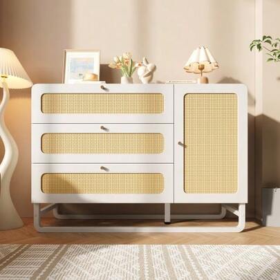 Rustic Style White Chest Of Drawers With Gold Rattan Handle, 3 Drawers And 1 Door, Adjustable Shelf Height, With Anti-Tip Device, 120x85x40 Cm (W/H/D)
