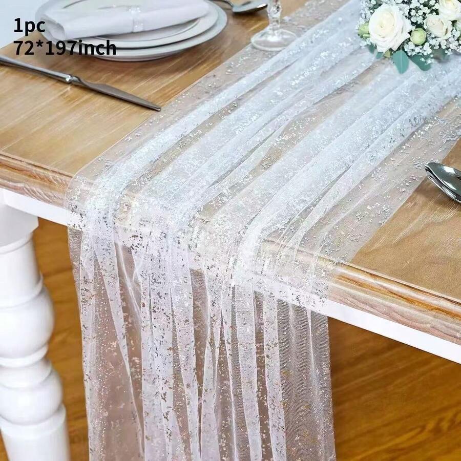 1件 200cm 白色銀色奶油色布料桌旗，配有亮片金屬箔雪紡網格，閃亮銀色派對桌面裝飾中心飾，適用於婚禮、生日、新娘派對、聖誕節 - 銀色 - 查看 1