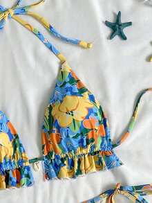 Swim Mod Women's Swimsuit, Two-Piece Bikini Set With Halter Neck, Ruffles And Bow In Solid Color For Summer - 多色 6 - 查看 6