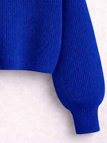 Women's Royal Blue Cropped Knit Sweater With High Neck And Off-Shoulder Design For Winter. - Royal Blue - View 3