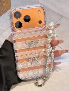 时尚闪亮可爱蕾丝3D蝴蝶结水钻手机壳，兼容 17 Pro Max、17 Pro、17、16 Pro Max、16 Pro、16、15 Pro Max、15 Pro、14 Pro Max、14 Plus、14、13、12、11，配有奢华珍珠手链挂绳后盖。 - 白色 - 查看 1