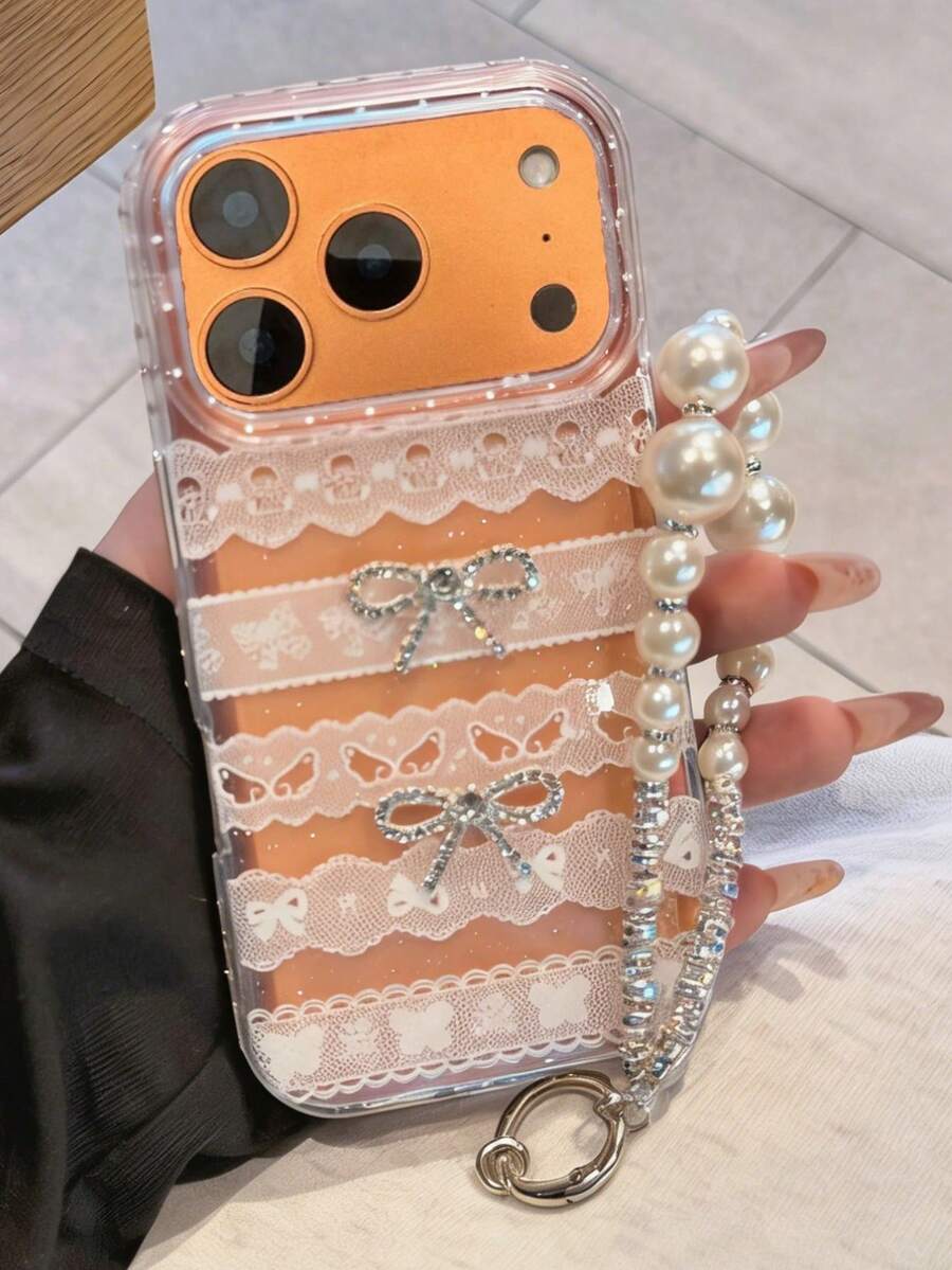 时尚闪亮可爱蕾丝3D蝴蝶结水钻手机壳，兼容 17 Pro Max、17 Pro、17、16 Pro Max、16 Pro、16、15 Pro Max、15 Pro、14 Pro Max、14 Plus、14、13、12、11，配有奢华珍珠手链挂绳后盖。 - 白色 - 查看 1