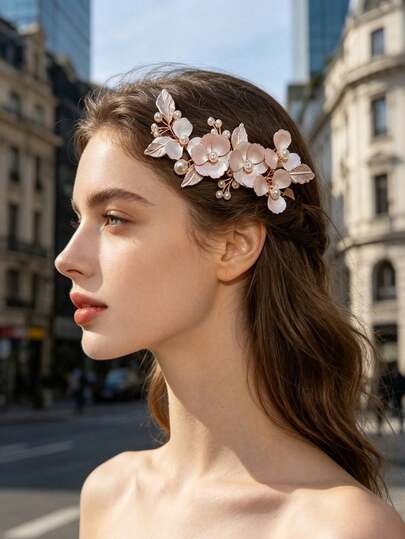 1件装 叶子图案 优雅锌合金 复古风格 手工花朵发夹 新娘头饰 婚纱配饰 适合所有季节