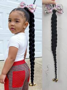1pc Kids Synthetic Hair Extension With Shiny Bow,With Bead In The End, Long Braided Ponytail High Elasticity Hair Tie Design,Ponytail Accessories - Natural Black - View 13