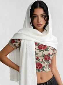 Luxury Rose Embroidered Chiffon Scarf, Draping Headscarf, Minimalist Style, Delicate Rose Lace Chiffon Headscarf - White - View 8