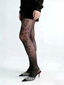 1 Pair Ultra-Thin Shiny Leopard Print Tights, Plus Size Shaping Pantyhose, Perfect For Pairing With Dresses And Various Holiday Occasions, Suitable For Fashion Enthusiasts, Ideal For Daily Wear, Shopping, Dating And Everyday Outfits - Black - View 3