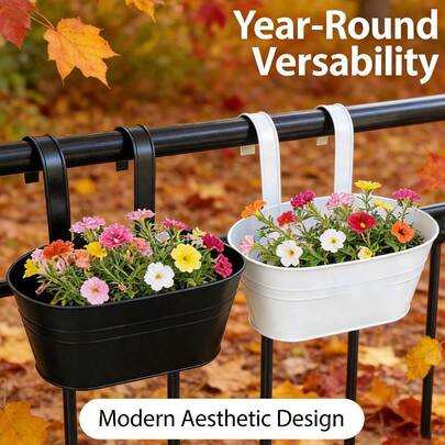 1 pieza Maceta colgante de barandilla de metal con gancho extraíble, diseño resistente y de alta capacidad de carga, gran drenaje para un crecimiento saludable, adecuado para interior, exterior, balcón, valla, patio y jardín, perfecto para flores, hierbas, suculentas y plantas verdes, ideal para decoración del hogar y jardín