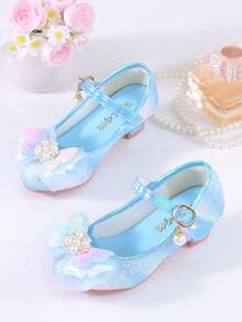 Shiny Rainbow Princess Girl's High Heels, Glitter Blue Formal Shoes With Faux Pearl And Rhinestone Decor, Non-Slip Rubber Sole, Closure, Suitable For Performance And Party - Blue - View 5