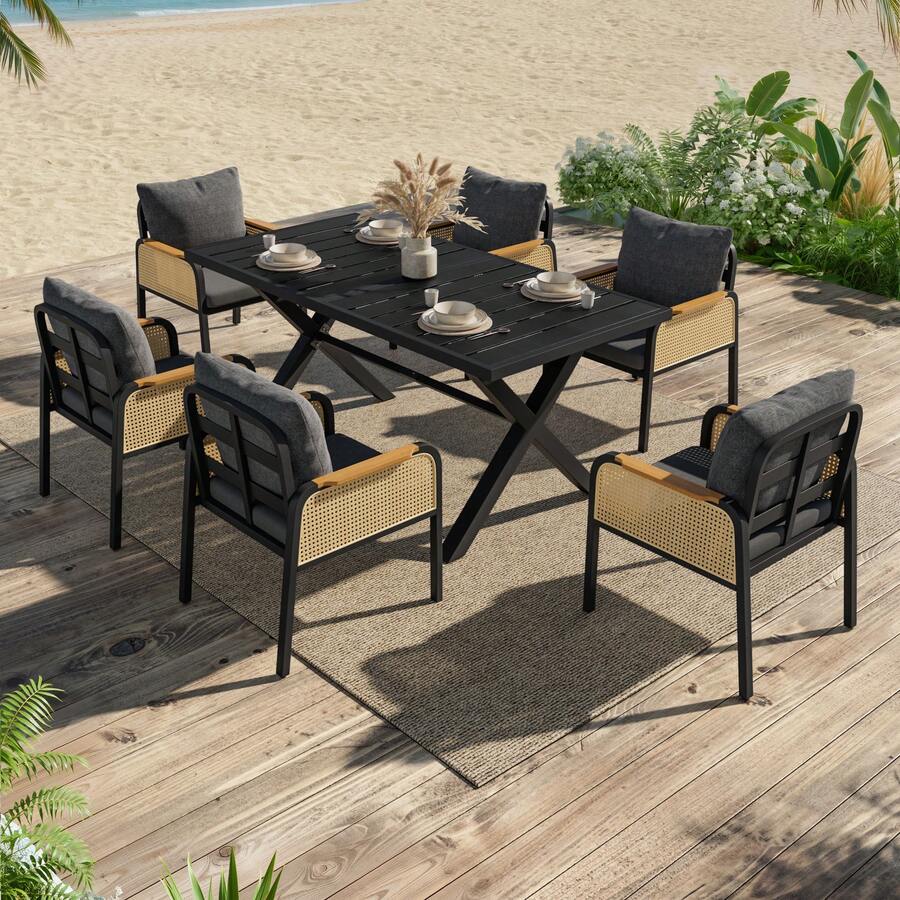 Modern Outdoor Sofa Set, Relaxation And Meeting Set For Several People, Iron Frame, Braided Armrests, Seat Cushions Included. - 黑色+自然木材色 - View 1