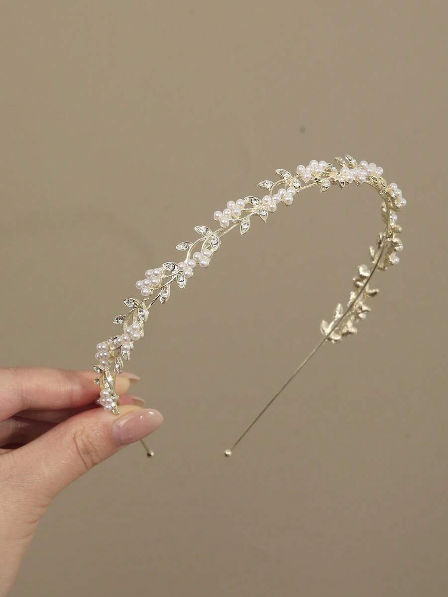 1 pieza Diadema minimalista de aleación con flor de perla y rhinestone para el cabello de mujer - Dorado - Ver 1