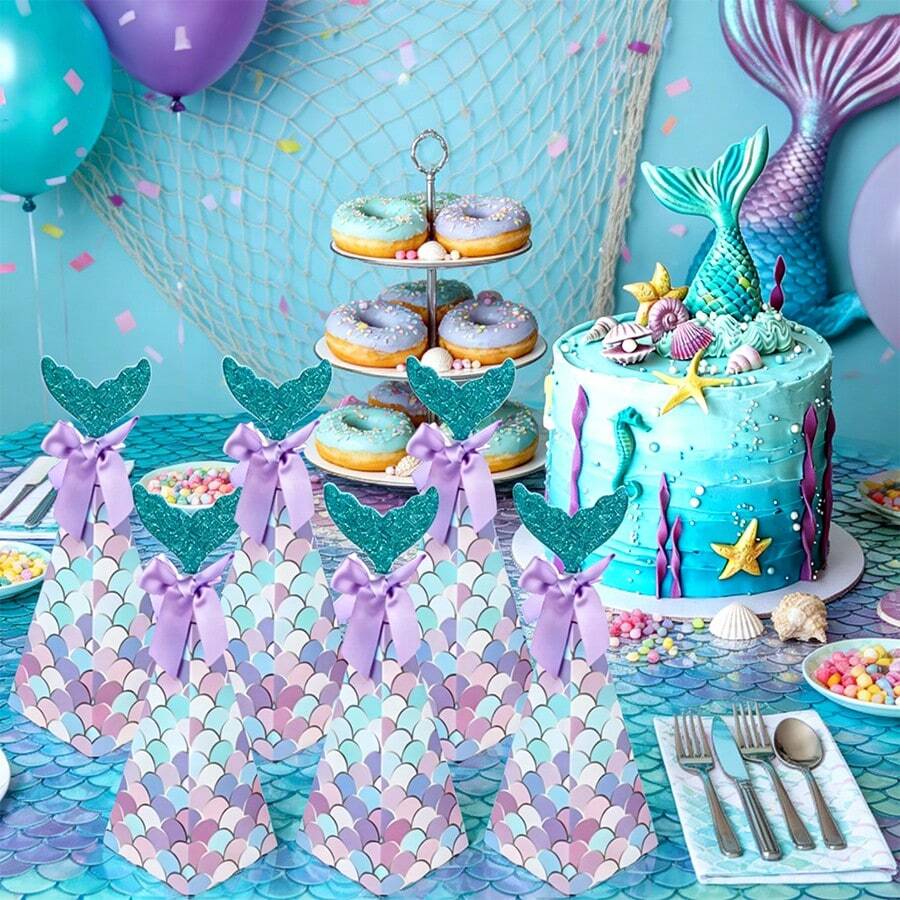 5个美人鱼主题生日派对礼品盒，鱼尾糖果盒，纸质包装盒，生日派对用品 - 盒子 - 查看 1