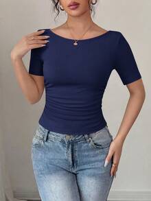 PRETTYGARDEN Womens Summer Short Sleeve Tops Boat Neck Ribbed Knit Slim Fit T Shirt Casual Basic Top Y2K Clothes - 海軍藍色 - 查看 3
