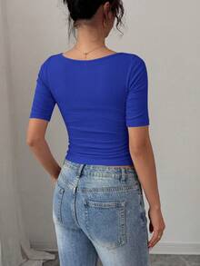 PRETTYGARDEN Womens Summer Short Sleeve Tops Boat Neck Ribbed Knit Slim Fit T Shirt Casual Basic Top Y2K Clothes - 黃家藍 - 查看 2