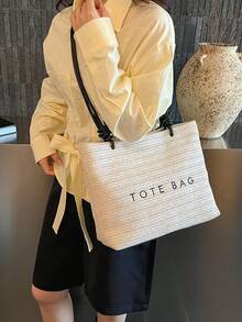 Straw Woven Casual Large Capacity Minimalist Shopping Tote Bag, Suitable For Vacation And School - Beige - View 6