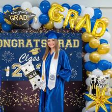 110件套毕业气球拱门套装，蓝白金三色气球花环，包含16英寸“GRAD”字母气球、毕业帽和毕业证书铝箔气球、金色星爆气球，适用于2026届毕业舞会、毕业派对、庆祝活动、学校活动和校园装饰，2026届毕业装饰，毕业照背景。 - 彩色 - 查看 5