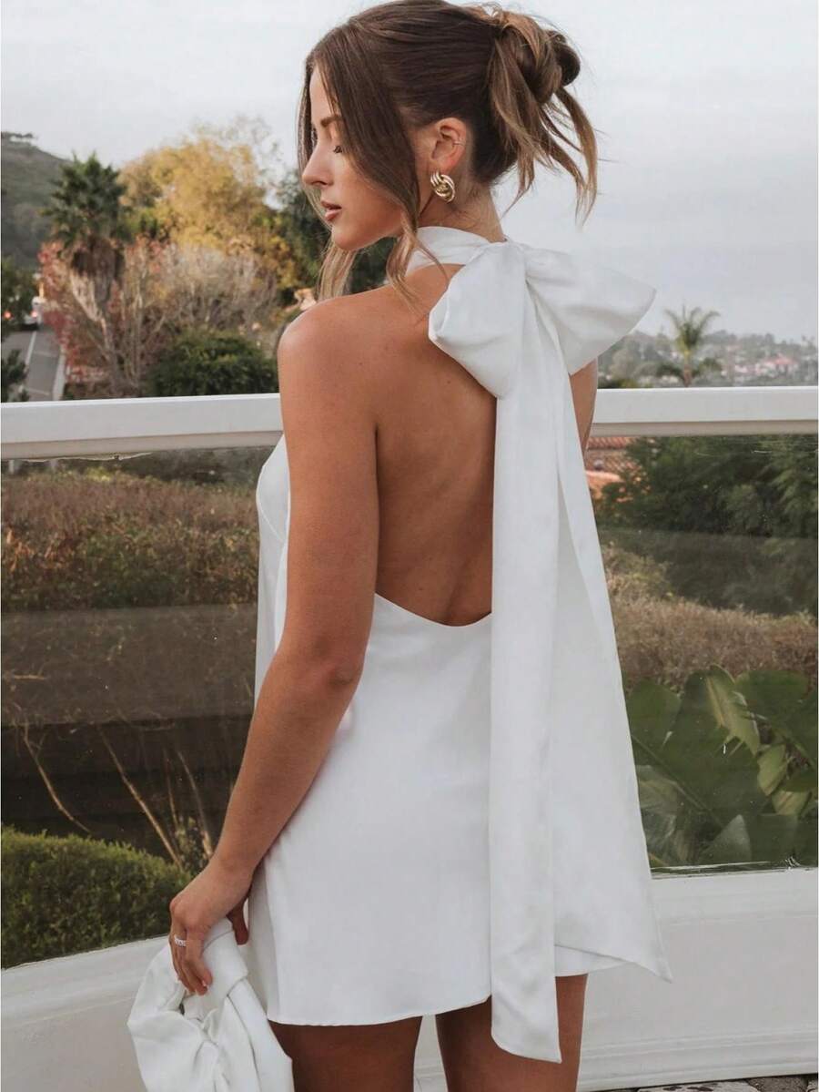 Women's Halter Neck Satin Mini Dress Sleeveless Backless Ruched Slim High Neck Solid Color Bodycon Short Dresses Evening Party Dress Wedding Guest Dresses Formal Dress - 白色 - 查看 1