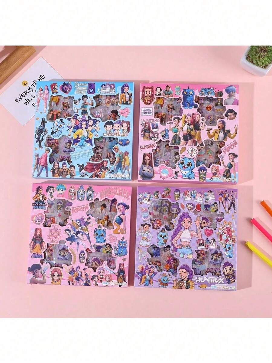 全新100张K-POP卡通贴纸动漫人物形象恶魔猎人DIY涂鸦原创装饰贴纸礼盒校园奖励收藏玩具节日礼物（随机款式） - 彩色 - 查看 1