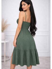 Women's Long Dress With Button Front, Ruffled Straps, Sleeveless Tank Top Dress With Buttons, Ruffled Style, Elegant Party Dress - Green Poa - View 3